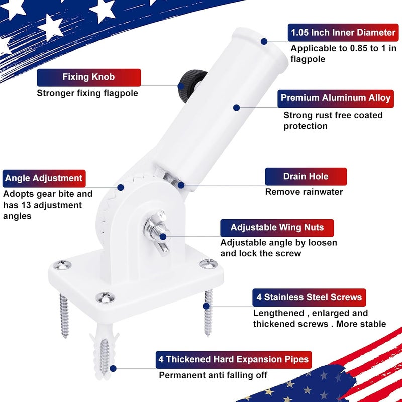 HPGOED Flag Pole Holder, Outside House Flag Pole Bracket, Heavy Duty Metal Flag Mount, Aluminum Alloy Mounting Brackets, Outdoor Adjustable Flag Holder- Strong Rust Free, Multi-Position 1 inch White - Image 3